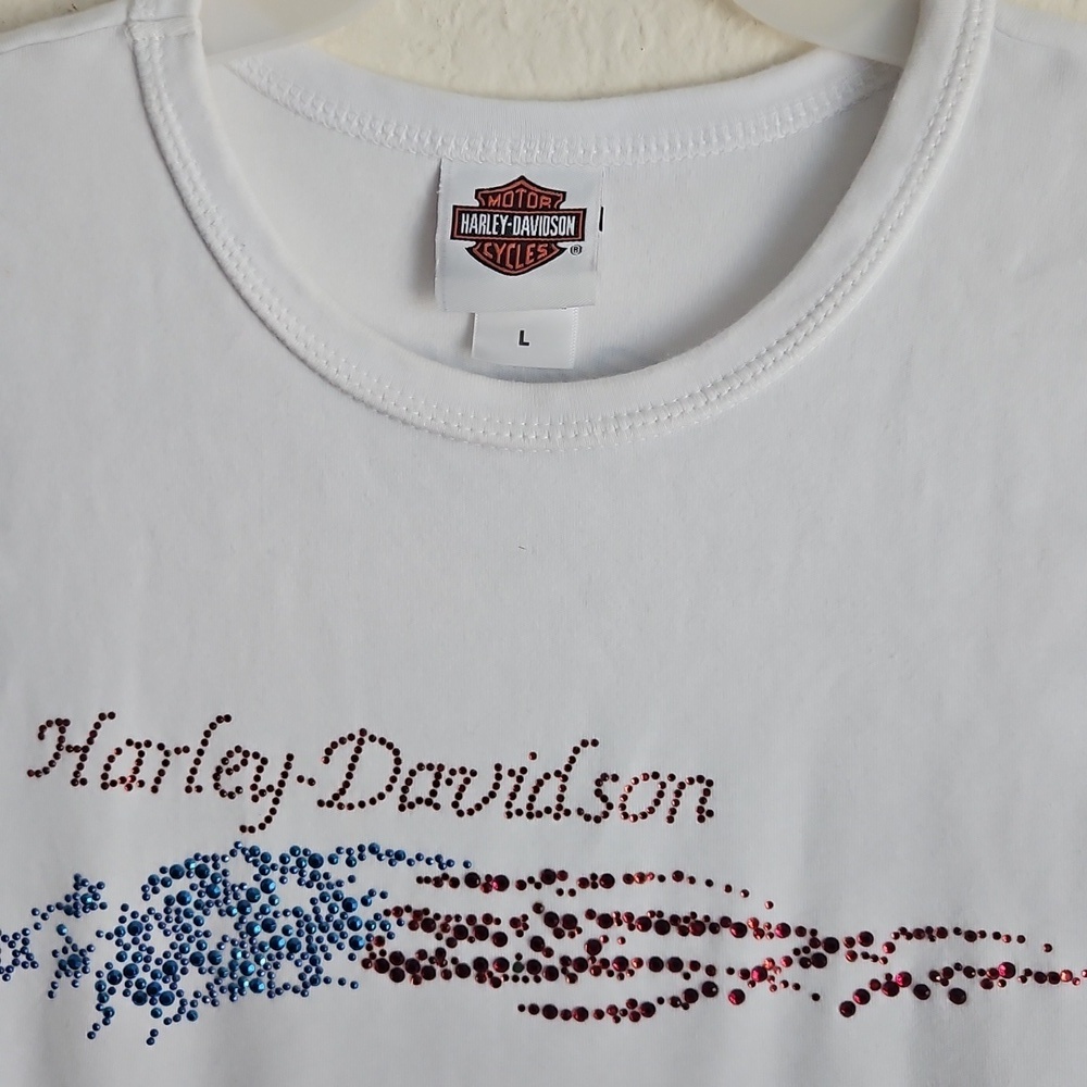 Harley-Davidson Motorcyle Sparkle white tank Top flag Americana USA sparkly L